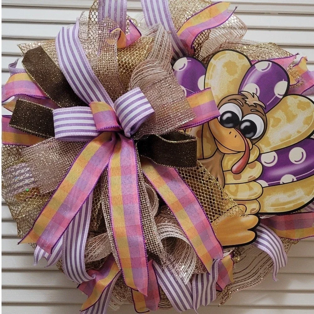 Thanksgiving Turkey Door Wreath Purple Plaid Gold Fall Door Decor